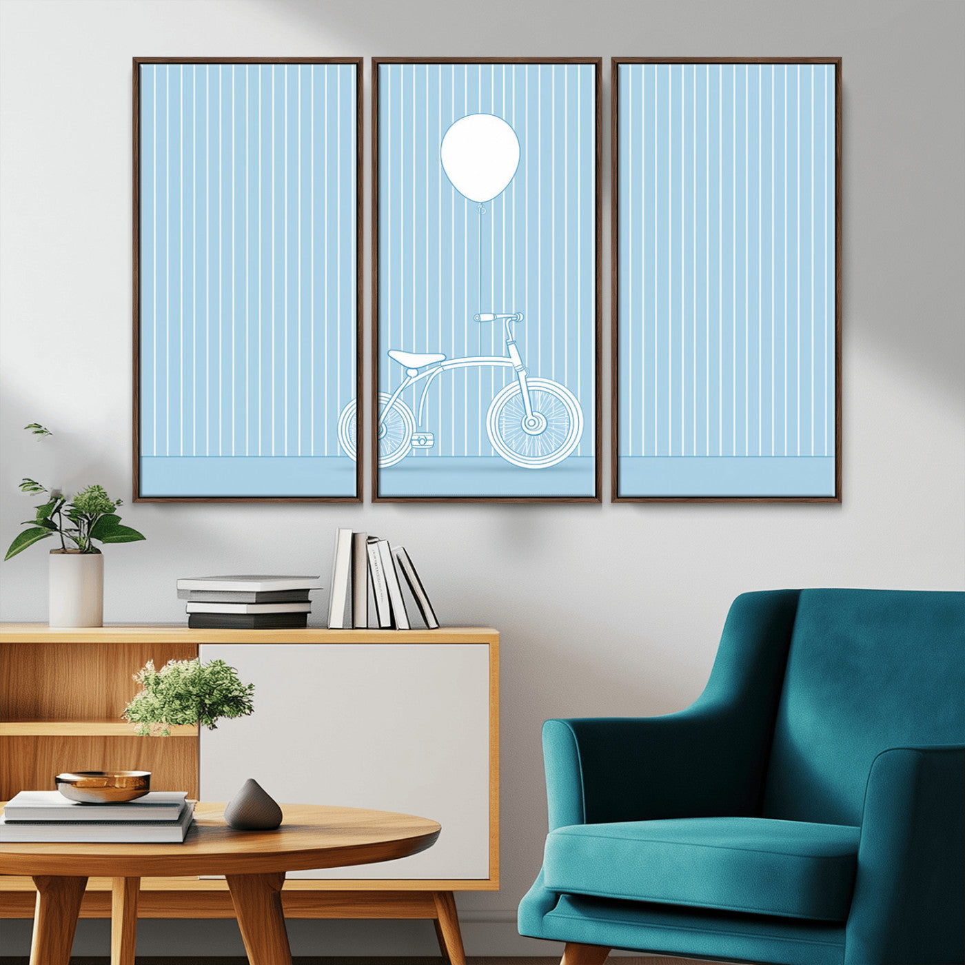 56479838-MGV-CV-36X24-Bicycle Wall Art – Minimalist Blue Canvas Print with Balloon Illustration, Modern Decor Artwork for Kids Room, Nursery, or Living