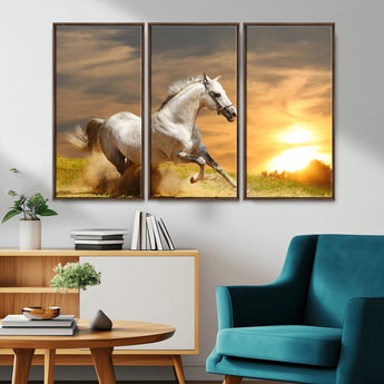 44295212-MGV-CV-36X24-Horse Wall Art – Running White Stallion Canvas Print with Sunset Background, Western Wildlife Decor for Living Room, Office, or