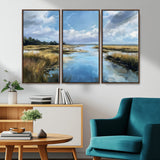 87082041-MGV-CV-36X24-Marshland Landscape Wall Art – Serene Nature Canvas Print with Blue Sky and Reflections, Tranquil Scenic Painting for Living Room,