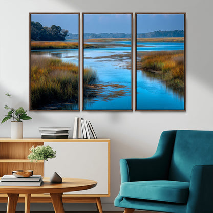 26300004-MGV-CV-36X24-Tranquil Marshland Canvas Wall Art – Blue Water, Reflective Sky, Golden Grasses, Calm Nature Landscape, Scenic Outdoor Beauty for