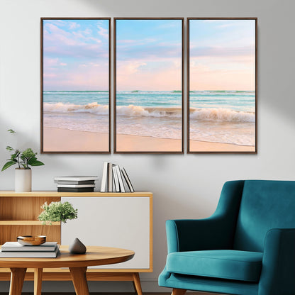 88024944-MGV-CV-36X24-Serene Ocean Waves Canvas Wall Art – Pastel Sky, Soft Sand Beach, Tranquil Seascape, Calm Water Coastal Nature, Relaxing Peaceful