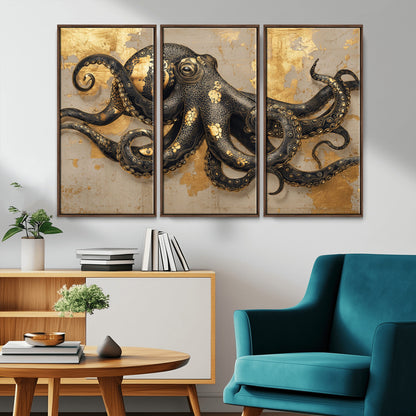 57944271-MGV-CV-36X24-Octopus Wall Art – Black and Gold Nautical Canvas Print, Modern Ocean Inspired Artwork with Elegant Detailing, Coastal Marine