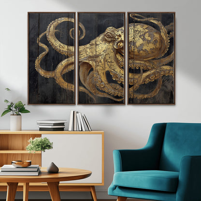 47056538-MGV-CV-36X24-Octopus Wall Art – Gold Nautical Canvas Print with Rustic Wood Texture, Marine Creature Artwork for Coastal Ocean Decoration in