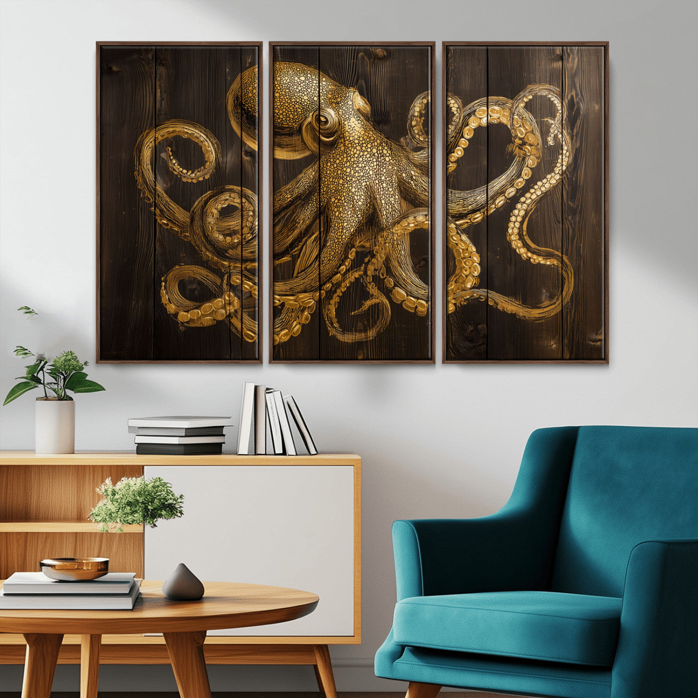 56769669-MGV-CV-36X24-Octopus Wall Art – Gold Nautical Canvas Print with Rustic Wood Panel Design, Detailed Marine Artwork for Coastal Ocean Decoration