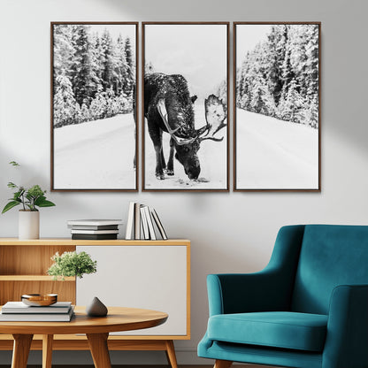 38956835-MGV-CV-36X24-Moose Winter Snowy Forest Canvas Wall Art – Wildlife Nature, Antlers in Frozen Landscape, Quiet Path, Cold Season Outdoors Print