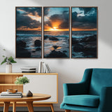 66040852-MGV-CV-36X24-Ocean Sunset Canvas Wall Art – Rocky Shore Waves, Dramatic Clouds, Golden Sun Rays, Coastal Nature, Serene Water Reflection for
