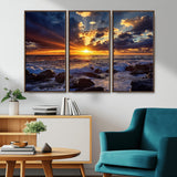 35900590-MGV-CV-36X24-Ocean Sunset Wall Art – Vivid Seascape Canvas Print with Sunburst Sky, Crashing Waves and Rocky Shore, Dramatic Coastal