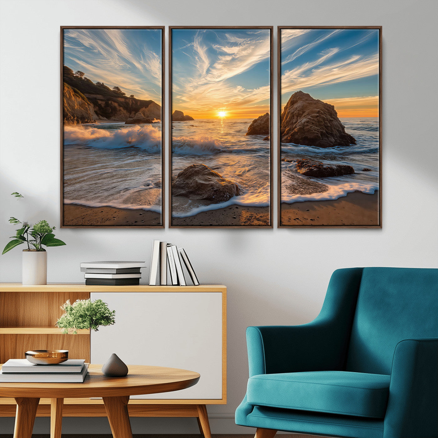 85659923-MGV-CV-36X24-Ocean Sunset Wall Art – Dramatic Seascape Canvas Print with Cliffs, Crashing Waves and Golden Sky, Bold Coastal Photography for
