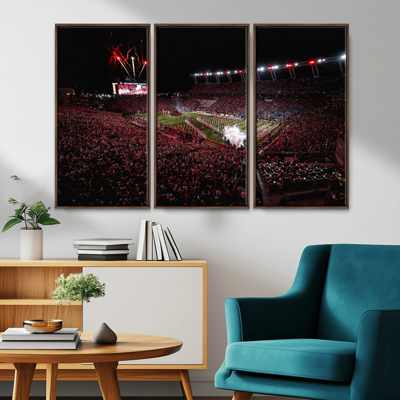 60690191-MGV-CV-36X24-Stadium Wall Art – Night Game Football Canvas Print with Fireworks, Marching Band and Crowd, Panoramic Sports Photography for Man
