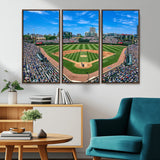 56213978-MGV-CV-36X24-Baseball Stadium Wall Art – Panoramic Ballpark Canvas Print with Fans, Green Field and City Skyline, Classic Sports Photography