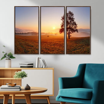 57919623-MGV-CV-36X24-Sunrise Landscape Wall Art – Golden Morning Canvas Print with Tree, Misty Hills and Open Field, Peaceful Nature Photography for