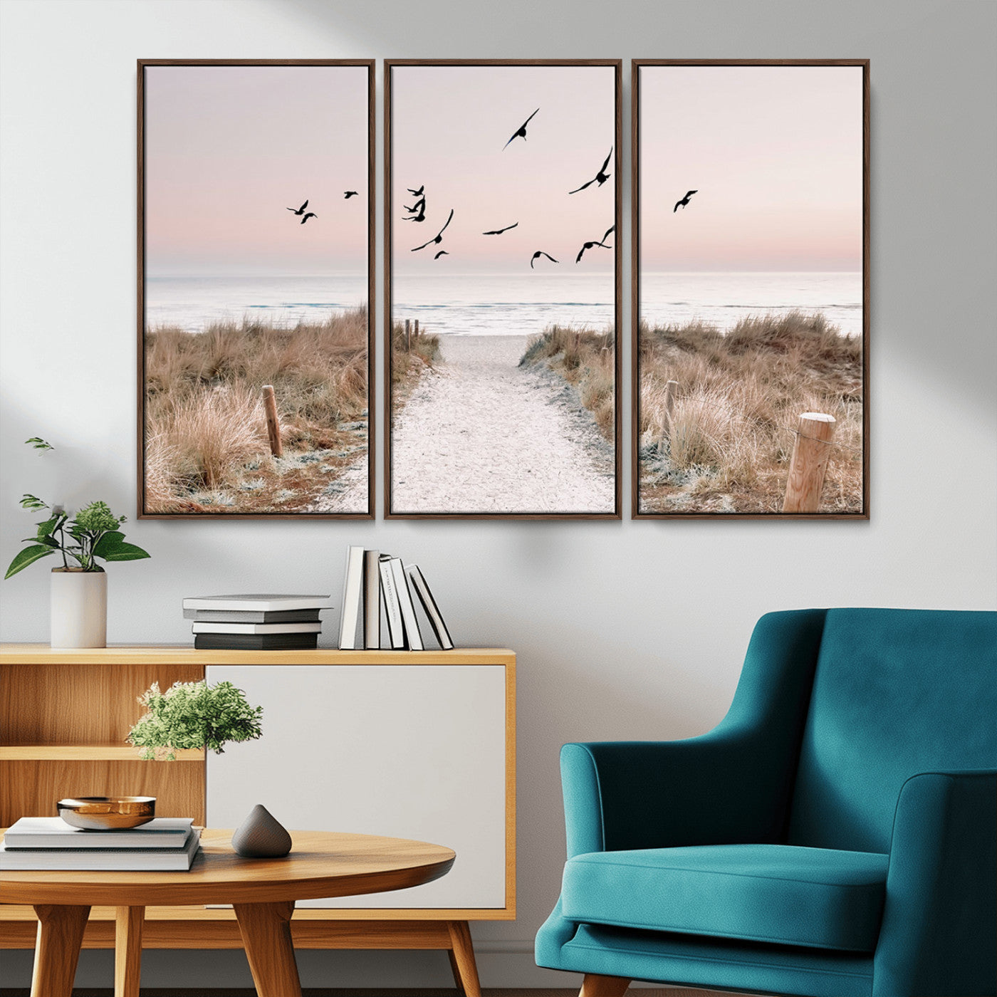 34632598-MGV-CV-36X24-Beach Pathway Wall Art – Coastal Canvas Print with Sandy Trail, Flying Birds and Pastel Sky, Serene Ocean Landscape Photography