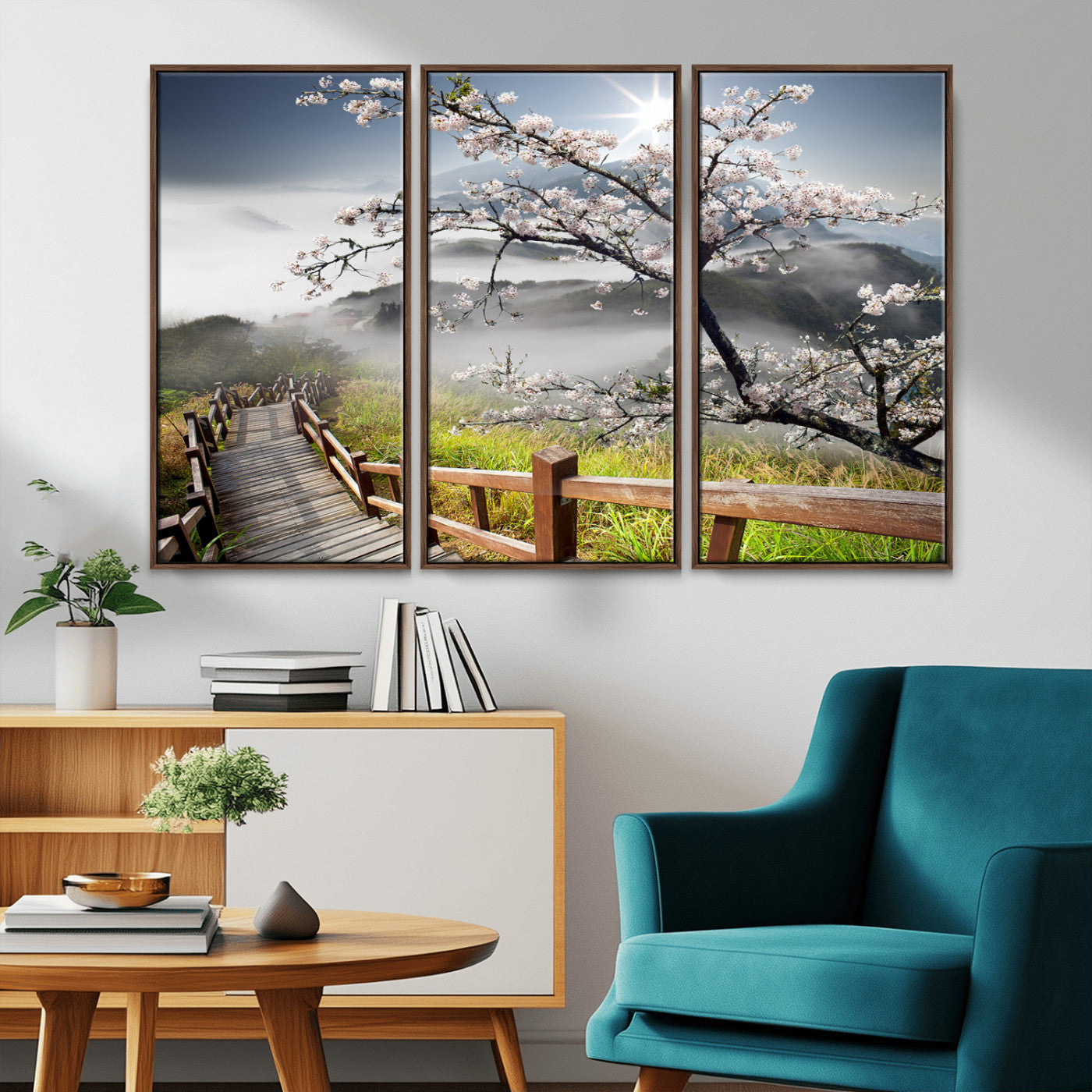 34632598CRY-MGV-CV-36X24-Cherry Blossom Wall Art – Scenic Asian Landscape Canvas Print with Wooden Walkway, Misty Mountains and Sunrise, Serene Nature