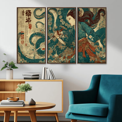 46837670-MGV-CV-36X24-Tsukioka Yoshitoshi Samurai Wall Art Print, Japanese Katana Warrior Canvas Wall Art, Octopus Sea Monster Canvas Print,