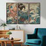 52037775-MGV-CV-36X24-Tsukioka Yoshitoshi Samurai Wall Art Print, Japanese Katana Warrior Canvas Wall Art, Octopus Sea Monster Canvas Print,