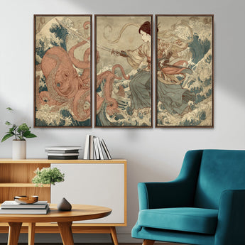 54879547-MGV-CV-36X24-Samurai Woman Wall Art – Japanese Ukiyo-e Style Canvas Print with Katana and Octopus, Traditional Asian Inspired Battle Artwork