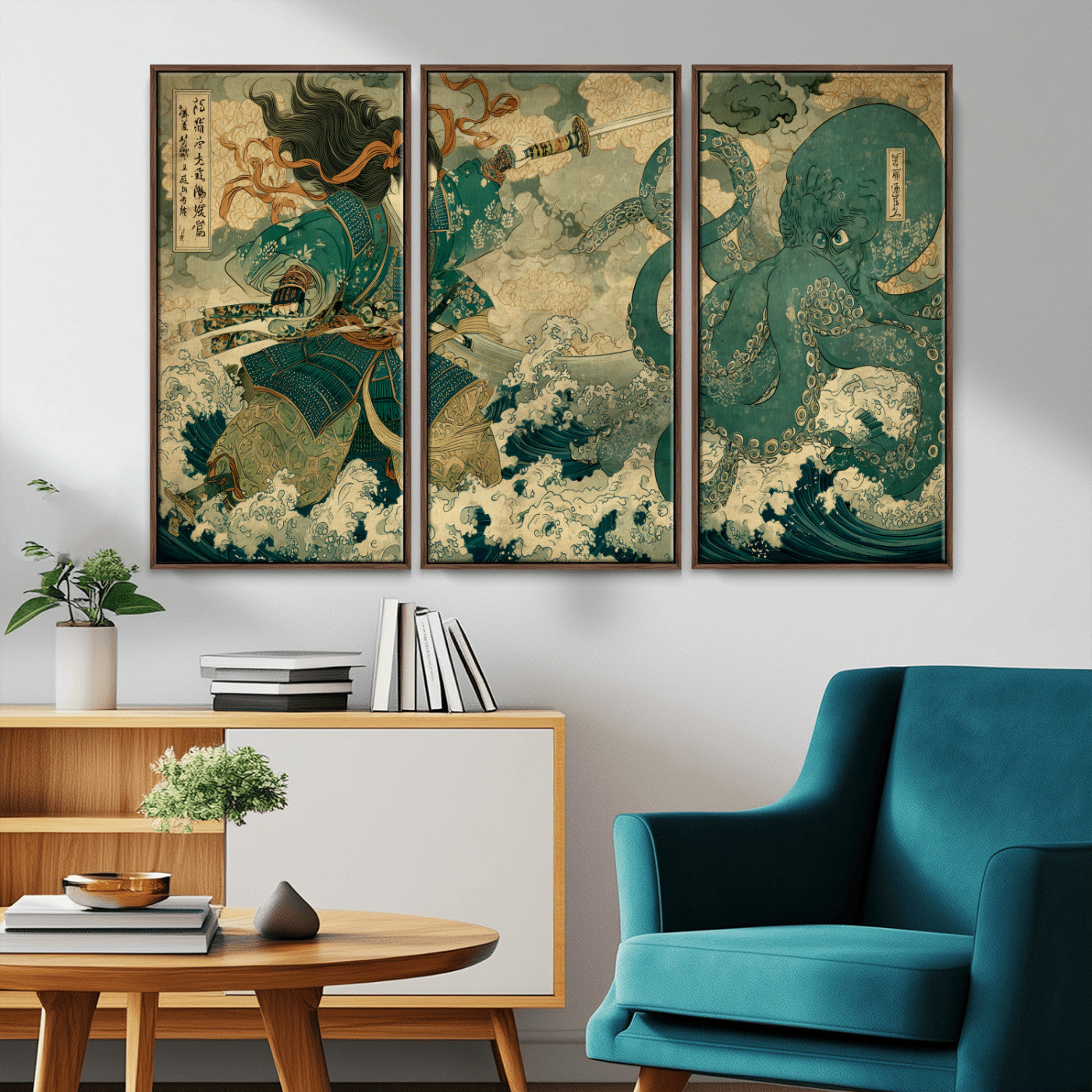 24416422-MGV-CV-36X24-Tsukioka Yoshitoshi Samurai Wall Art Print, Japanese Katana Warrior Canvas Wall Art, Octopus Sea Monster Canvas Print,