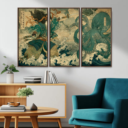 24416422-MGV-CV-36X24-Samurai vs Octopus Wall Art – Japanese Warrior Ocean Battle Canvas Print, Ukiyo e Inspired Decor for Home, Office, or Man Cave