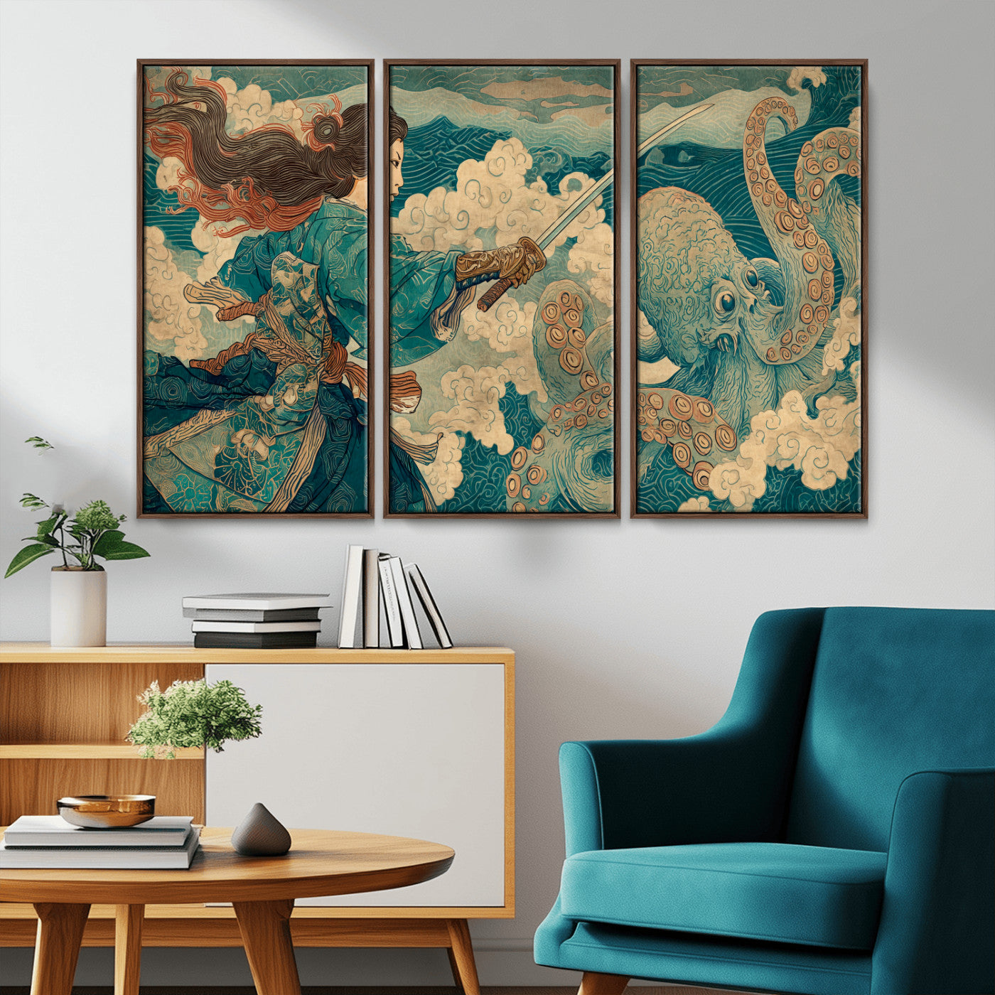 37943964-MGV-CV-36X24-Samurai Warrior vs Octopus Wall Art – Japanese Ukiyo-e Style Canvas Print, Ocean Battle Scene Artwork for Living Room, Office, Man