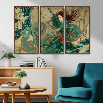 86918027-MGV-CV-36X24-Samurai Warrior vs Octopus Wall Art – Japanese Ukiyo-e Ocean Battle Canvas Print, Traditional Samurai Artwork for Living Room,