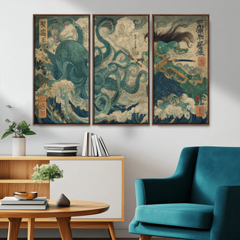60346622-MGV-CV-36X24-Tsukioka Yoshitoshi Samurai Wall Art Print, Japanese Katana Warrior Canvas Wall Art, Octopus Sea Monster Canvas Print,