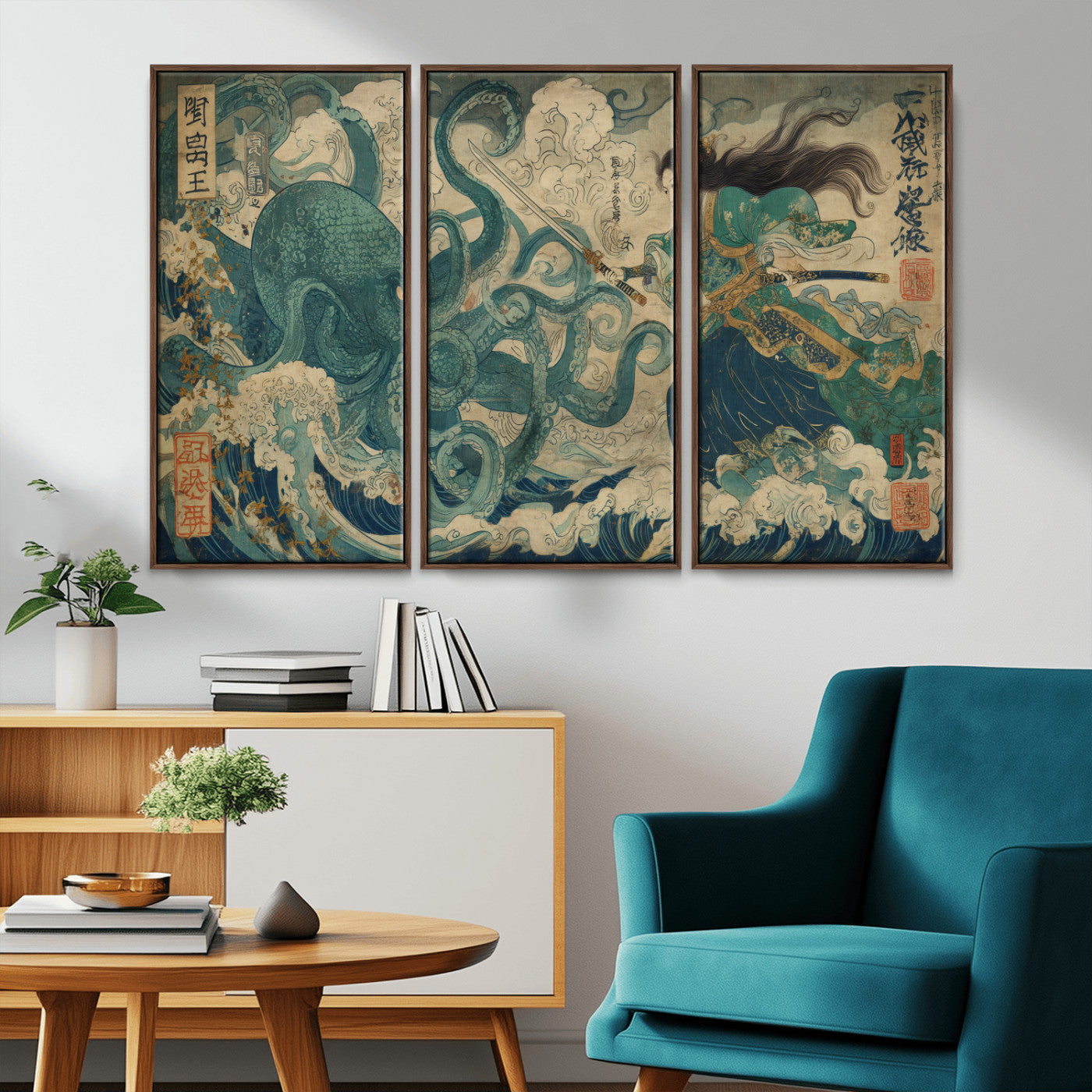 60346622-MGV-CV-36X24-Samurai Warrior vs Octopus Wall Art – Japanese Ukiyo-e Style Ocean Battle Canvas Print, Traditional Samurai Artwork for Living