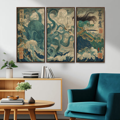 60346622-MGV-CV-36X24-Samurai Warrior vs Octopus Wall Art – Japanese Ukiyo-e Style Ocean Battle Canvas Print, Traditional Samurai Artwork for Living