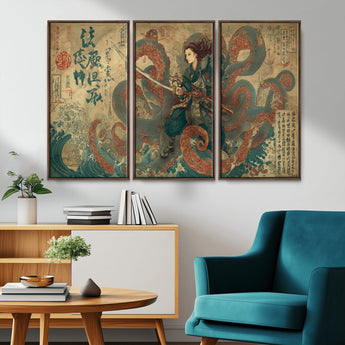 98593115-MGV-CV-36X24-Samurai Warrior vs Octopus Wall Art – Japanese Ukiyo-e Calligraphy Canvas Print, Ocean Battle Scene Artwork for Living Room,