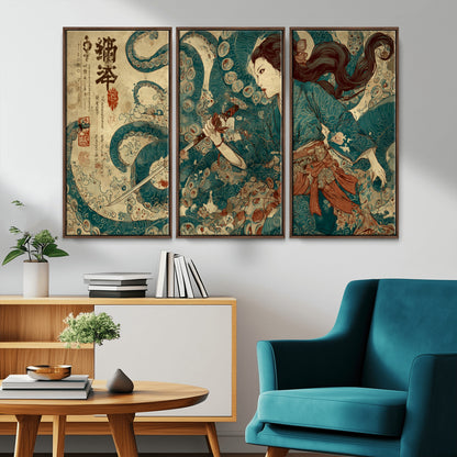 18575670-MGV-FC-48X32-3P_Walnut-Samurai Woman vs Octopus Wall Art – Japanese Ukiyo-e Ocean Battle Canvas Print, Traditional Warrior Artwork for Living Room,