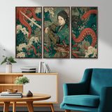 35461724-MGV-FC-48X32-3P_Walnut-Samurai Woman vs Octopus Wall Art – Japanese Ukiyo-e Ocean Waves Canvas Print, Red Tentacle Battle Artwork for Living Room,