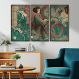 91666601-MGV-CV-36X24-Samurai Woman vs Octopus Wall Art – Japanese Ukiyo-e Green Robe Canvas Print, Ocean Battle Artwork for Living Room, Office, Man