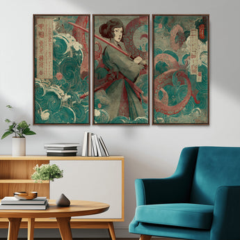 91666601-MGV-CV-36X24-Samurai Woman vs Octopus Wall Art – Japanese Ukiyo-e Green Robe Canvas Print, Ocean Battle Artwork for Living Room, Office, Man