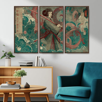 91666601-MGV-CV-36X24-Samurai Woman vs Octopus Wall Art – Japanese Ukiyo-e Green Robe Canvas Print, Ocean Battle Artwork for Living Room, Office, Man