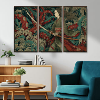 18902796-MGV-CV-36X24-Samurai Woman vs Octopus Wall Art – Japanese Ukiyo-e Green Kimono Canvas Print, Ocean Battle Scene Artwork for Living Room,