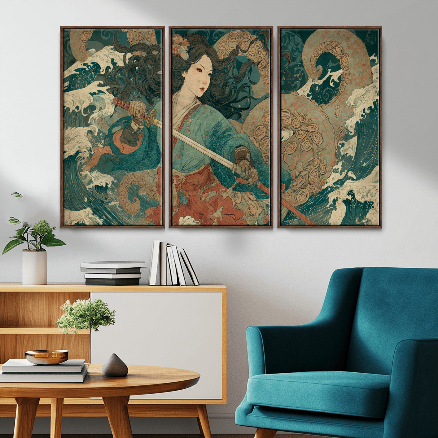 79740258-MGV-CV-36X24-Samurai Woman vs Octopus Wall Art – Japanese Ukiyo-e Blue Kimono Canvas Print, Ocean Battle Artwork for Living Room, Office, Man