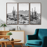 97436PHN-MGV-FC-48X32-3P_Walnut-Desert Landscape Wall Art – Black and White Cactus and Mountain Canvas Print, Southwestern Nature Photography for Living Room,