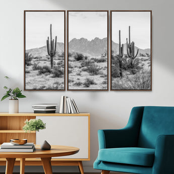 97436PHN-MGV-FC-48X32-3P_Walnut-Desert Landscape Wall Art – Black and White Cactus and Mountain Canvas Print, Southwestern Nature Photography for Living Room,