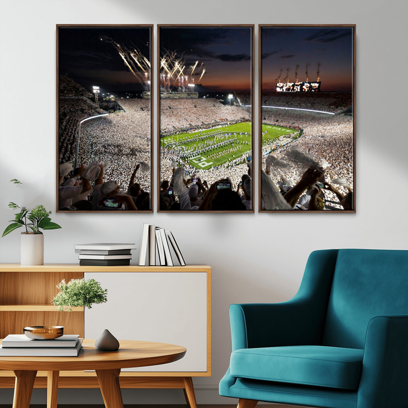 Penn-MGV-CV-36X24-Football Stadium Wall Art – Panoramic Night Game Canvas Print, Packed Crowd with Fireworks, Sports Decor for Office, Man Cave, Bar