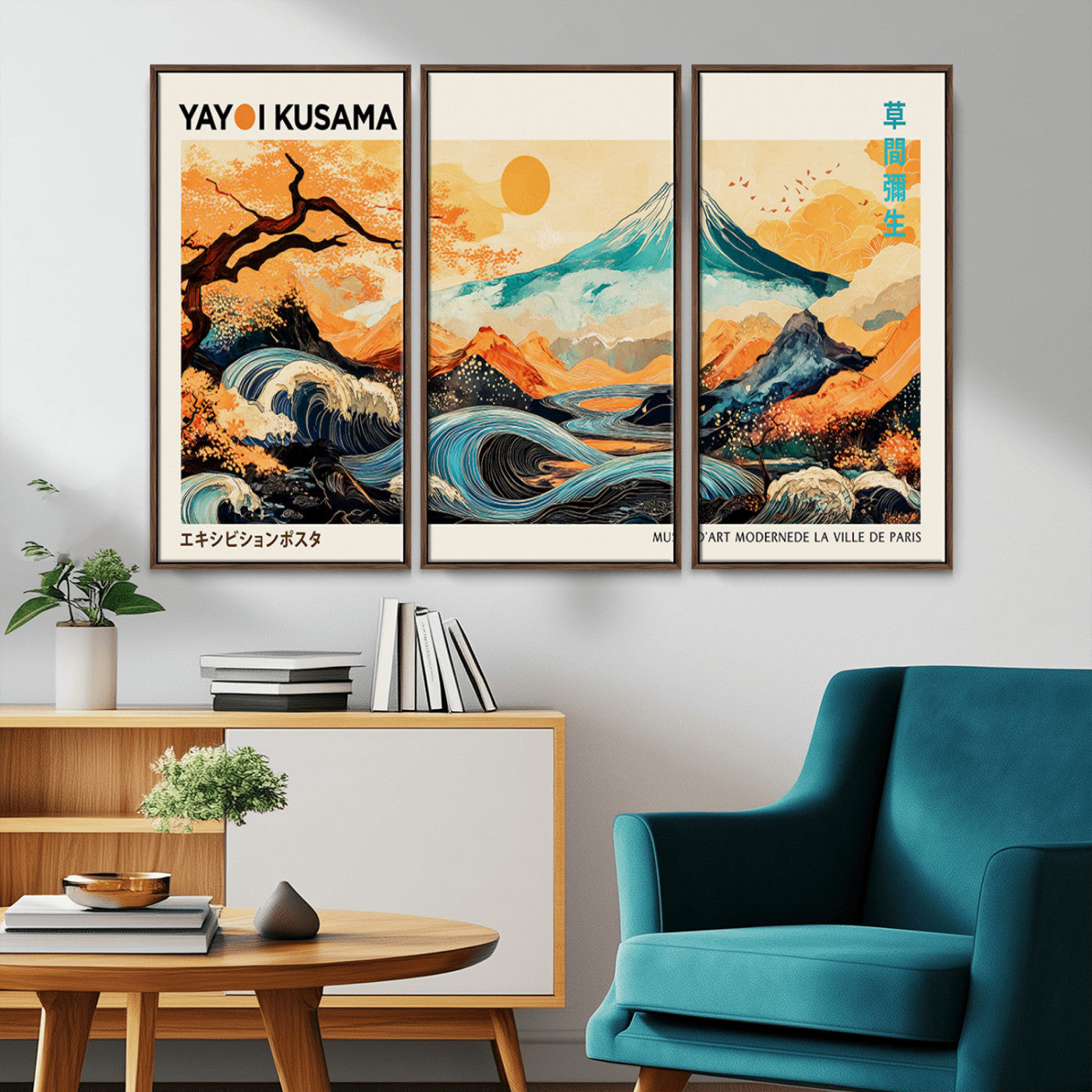 94085549-MGV-CV-36X24-Yayoi Kusama Inspired Japanese Landscape Art Print – Vibrant Mount Fuji, Waves & Autumn Trees, Modern Decorative Poster for