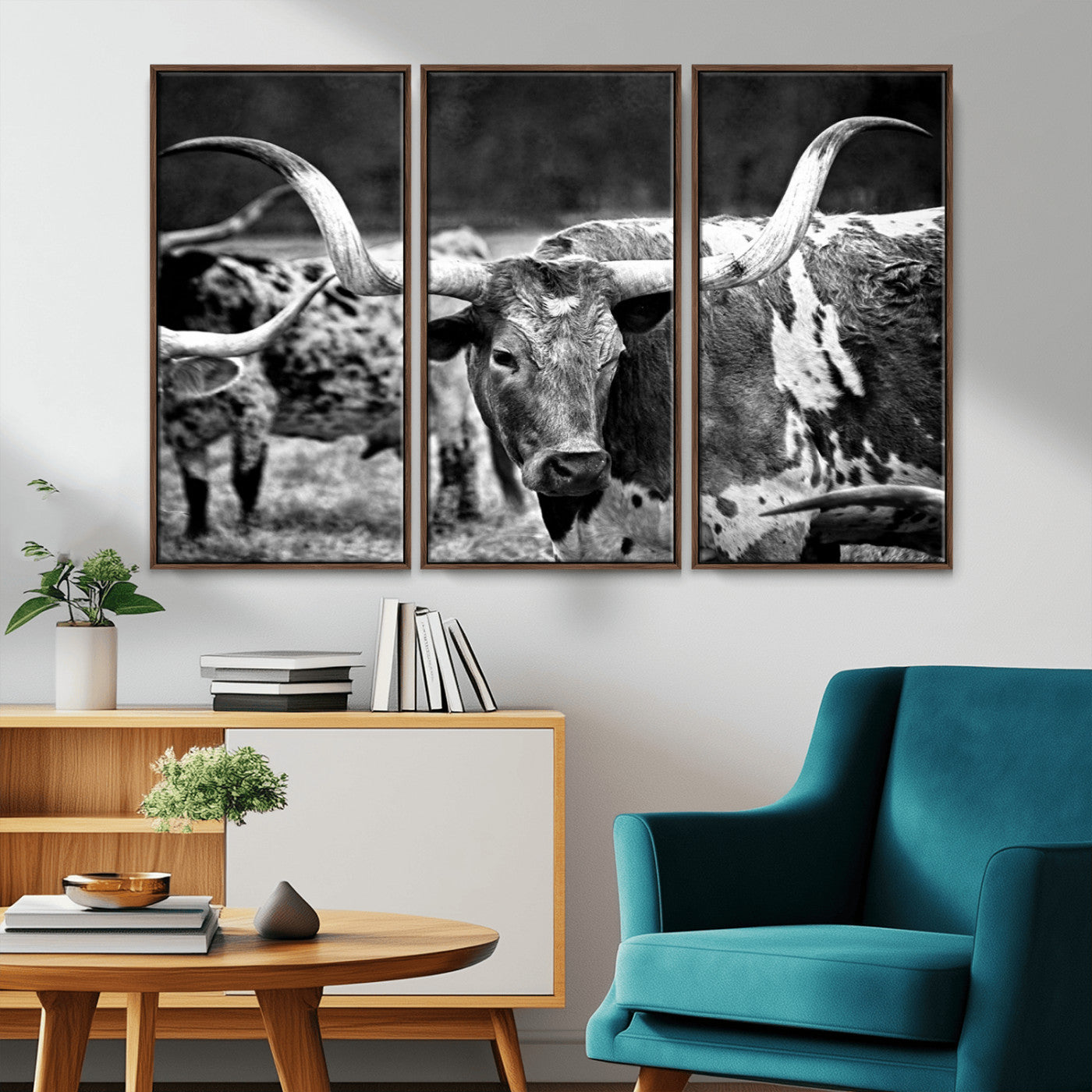 15425553-MGV-CV-36X24-Western Wall Art – Longhorn Cattle Black and White Canvas Print, Rustic Ranch Photography Decor for Bedroom, Living Room, Office,
