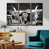 15425553-MGV-CV-36X24-Western Wall Art – Longhorn Cattle Black and White Canvas Print, Rustic Ranch Photography Decor for Bedroom, Living Room, Office,