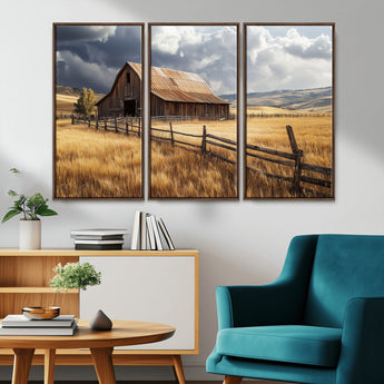 23718739-MGV-CV-36X24-Farmhouse Wall Art – Rustic Barn and Golden Wheat Field Canvas Print, Country Landscape Photography Decor for Bedroom, Living