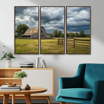 39409517-MGV-CV-36X24-Rustic Barn Wall Art – Weathered Farmhouse and Storm Clouds Canvas Print, Country Landscape Photography Decor for Bedroom, Living
