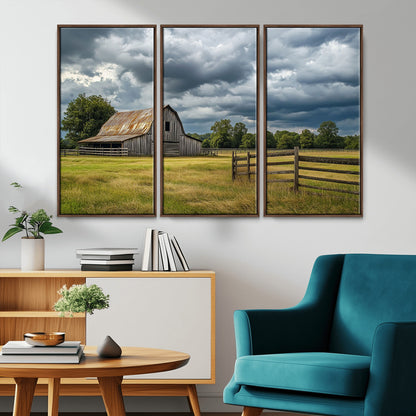 39409517-MGV-CV-36X24-Rustic Barn Wall Art – Weathered Farmhouse and Storm Clouds Canvas Print, Country Landscape Photography Decor for Bedroom, Living