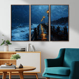 48300530-MGV-CV-36X24-Night Pier Wall Art – Moody Ocean Boardwalk Canvas Print, Impressionist Coastal Seascape Painting Decor for Living Room, Office,