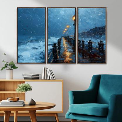 93793246-MGV-CV-36X24-Stormy Night Pier Canvas Wall Art – Moody Ocean Landscape with Lights, Blue Coastal Seascape Print for Bedroom, Living Room,