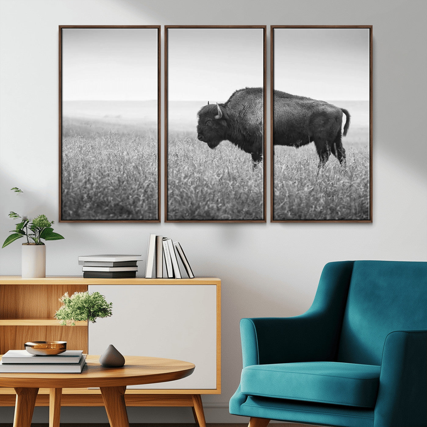 90861202-MGV-CV-36X24-Black and White Bison Canvas Wall Art – Rustic American Buffalo Print, Western Wildlife Photography for Farmhouse, Cabin, Office