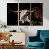 27414857-MGV-CV-36X24-Texas Longhorn Bull Canvas Wall Art – Rustic Western Farmhouse Decor, Brown & White Cow Portrait, Animal Print for Ranch Home