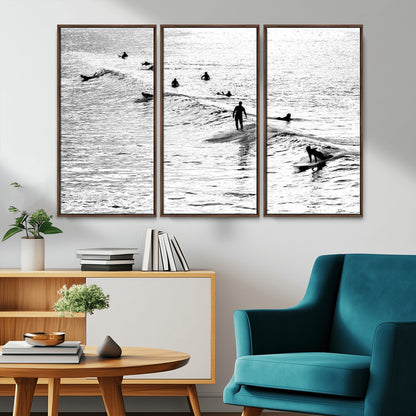 68018616-MGV-CV-36X24-Black and White Surf Photography Print – Minimalist Ocean Wall Art, Surfers Riding Waves, Coastal Beach Decor for Modern Home or