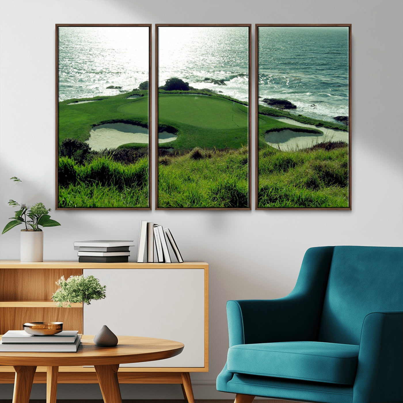 48473947-MGV-FC-48X32-3P_Walnut-Ocean Golf Course Wall Art – Panoramic Green Fairway Canvas Print, Coastal Golf Landscape Photography Sports Decor for Office, Man